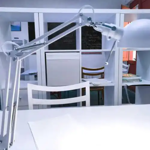 spacio de trabajo en 'Tu lugar de trabajo', con lámpara de escritorio blanca y estantería blanca organizada