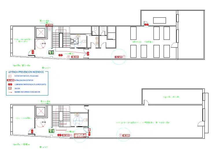 Plano arquitectónico de la planta con leyenda de prevención de incendios, incluyendo áreas y salidas.