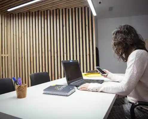 "Persona trabajando en el Centro Alcorisa con laptop y teléfono móvil en mesa.