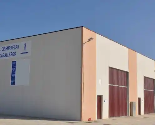 Fachada de una nave industrial en el Centro Sofejea, con grandes puertas de acceso y paneles de pared de colores neutros.