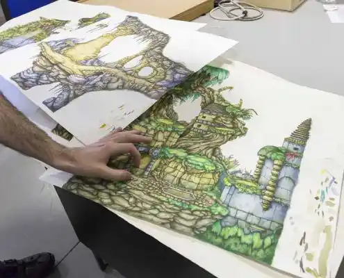 Dibujo de un paisaje creativo en el CEEI Teruel, con detalles pintados a mano.