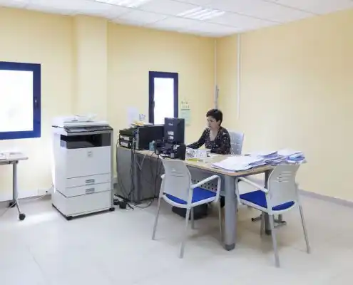 Oficina en el Centro Andorra con una persona trabajando en el escritorio y copiadora.