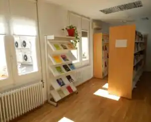 Biblioteca iluminada con estantes de libros y ventanas grandes.